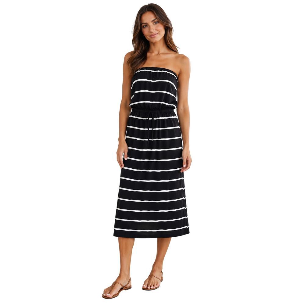 J. Crew black white striped S beach strapless waist tie maxi dress EUC stretch